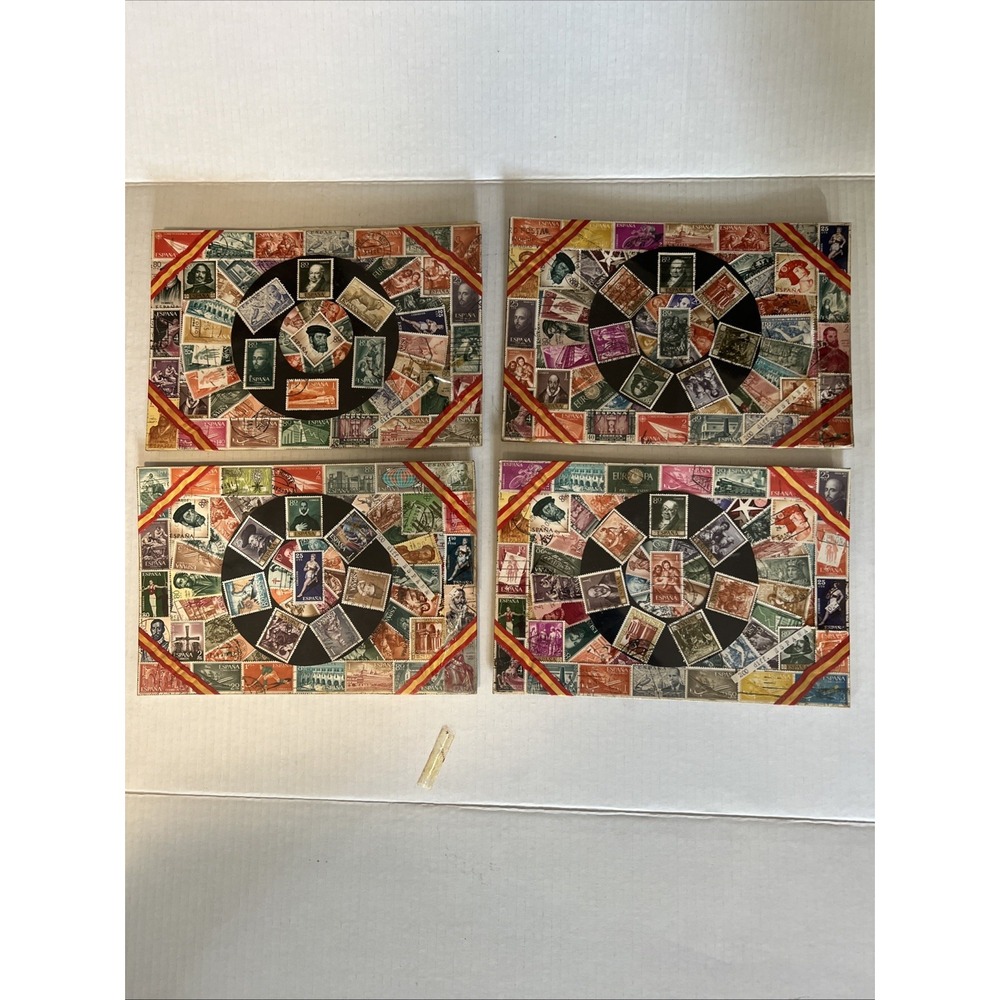 Lot of 4 VTG Spanish Stamp Collage Art Boards 200 Diff Espana Display Plaque